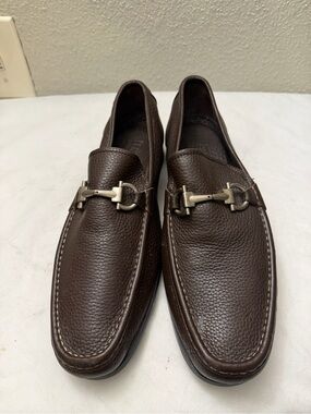 Salvatore Ferragamo Dark Brown Pebbled Leather Bit Loafers, pre-owned,SZ10.5